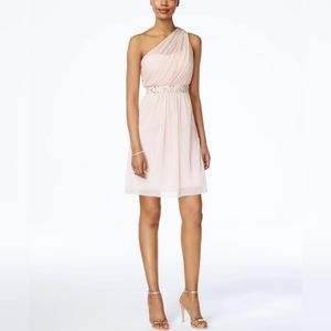 Adrianna Pappell One Shoulder Stretch Tulle Dress, Blush, size 8 NWT